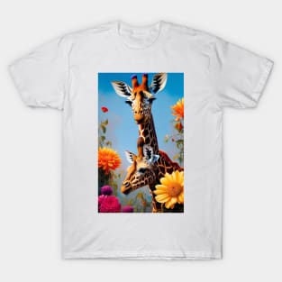 Colorful Floral Giraffe Flower Artwork T-Shirt